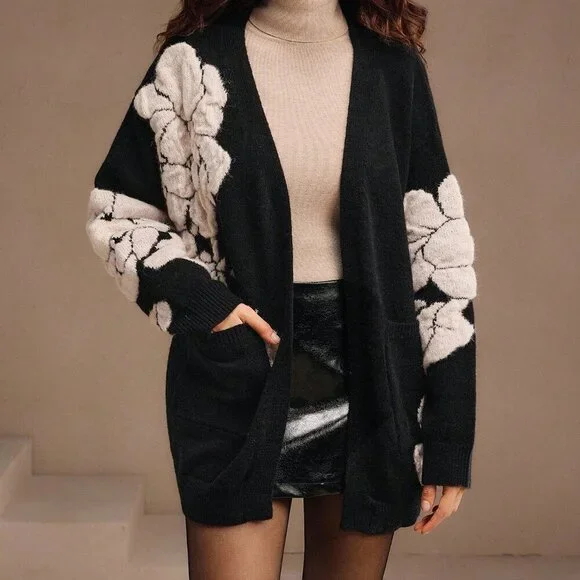 Black Casual Women's Elegant Loose Fit Jacquard Floral Cardigan, Mid-Length - Picture 3 of 7